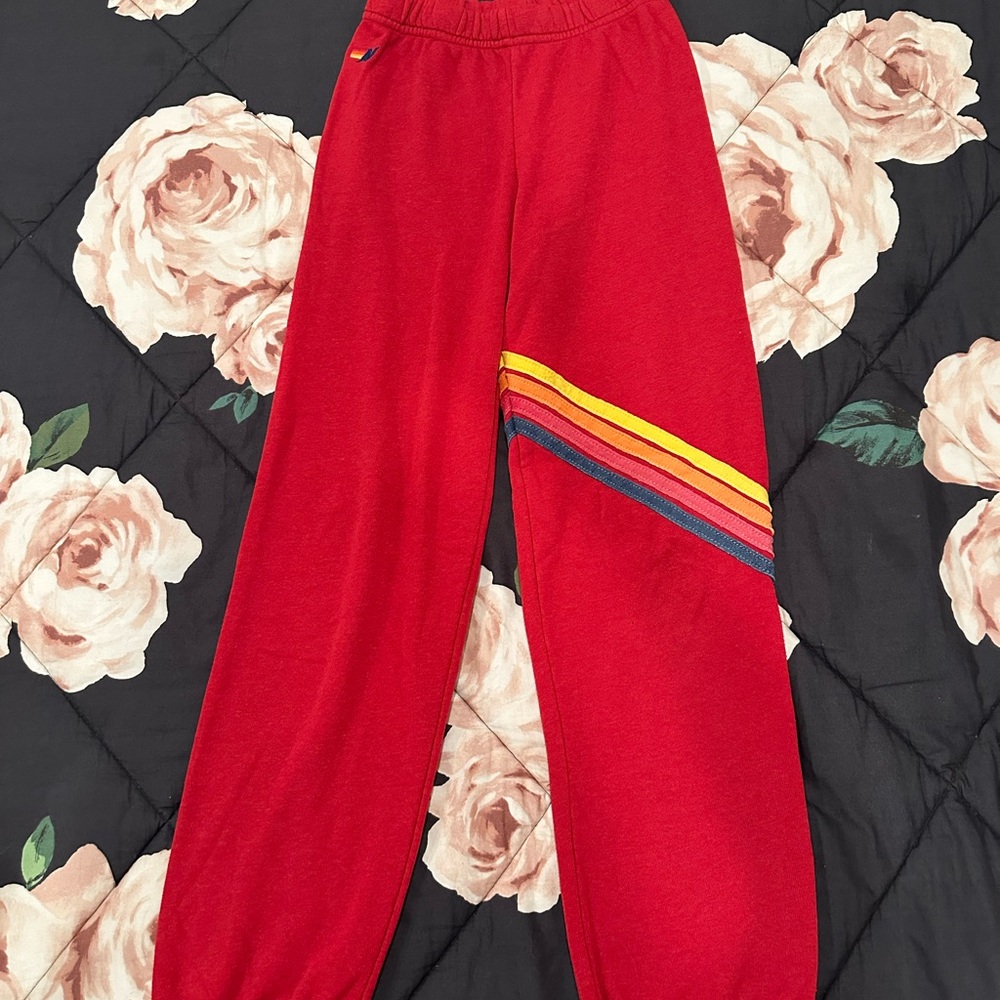 Aviator Nation Kids Red Sweatpants with 5 Multicolor Stripes